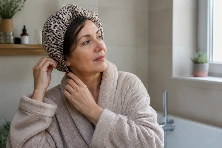 Une femme applique un masque capillaire sous un bonnet de soin, profitant d'un moment de détente dans sa salle de bain moderne.