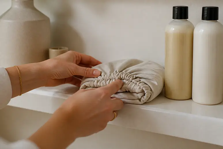 Mains d'une femme rangeant un bonnet de soin capillaire réutilisable à côté de produits de beauté naturels dans une salle de bain lumineuse.