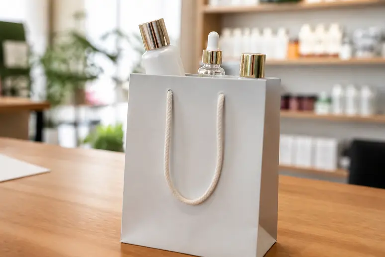 Sacs d'achats élégants contenant des élixirs de beauté, posés sur un comptoir de magasin, lumière naturelle.