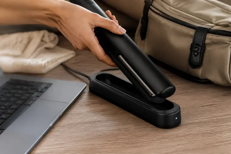 Main plaçant un lisseur sans fil sur sa station de charge à côté d'un ordinateur portable, illustrant la commodité de recharge pour les déplacements.