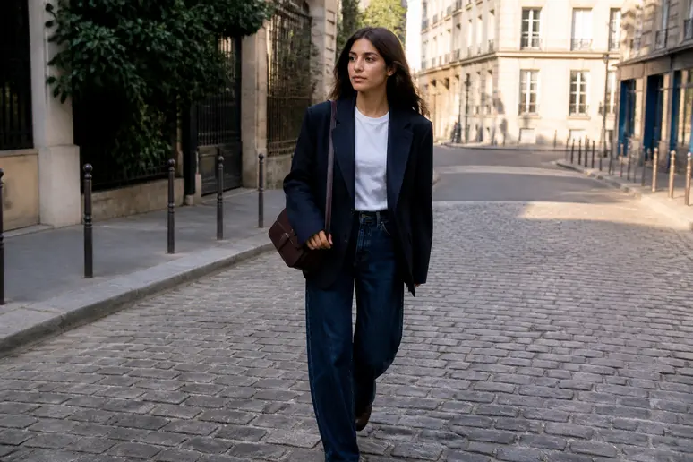 Une jeune Parisienne adopte un style tomboy avec un blazer oversize et un jean décontracté, dans la rue.