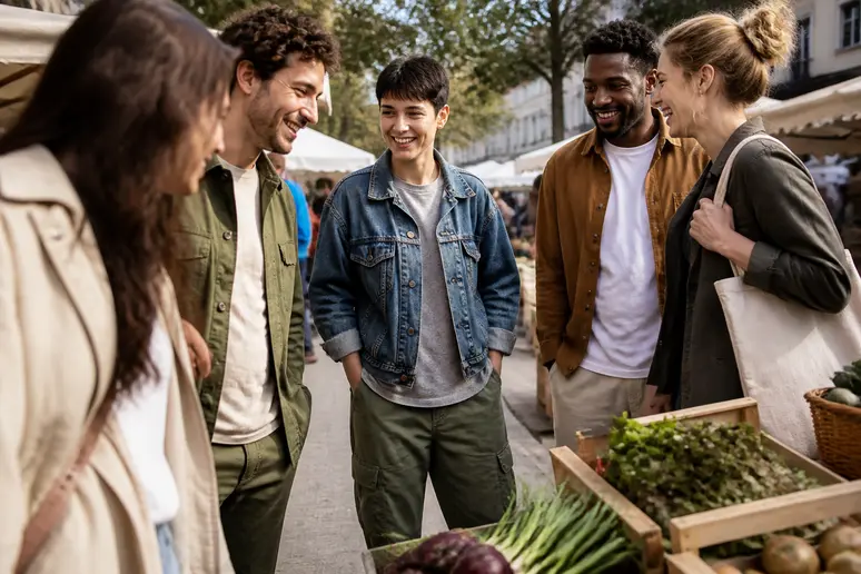 Des amis explorent un marché lyonnais, l'une d'elle arbore une veste en jean et un pantalon cargo tendance.