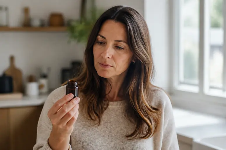 Une femme examine une bouteille de shilajit, évoquant les bienfaits de l'acide fulvique pour la vitalité.