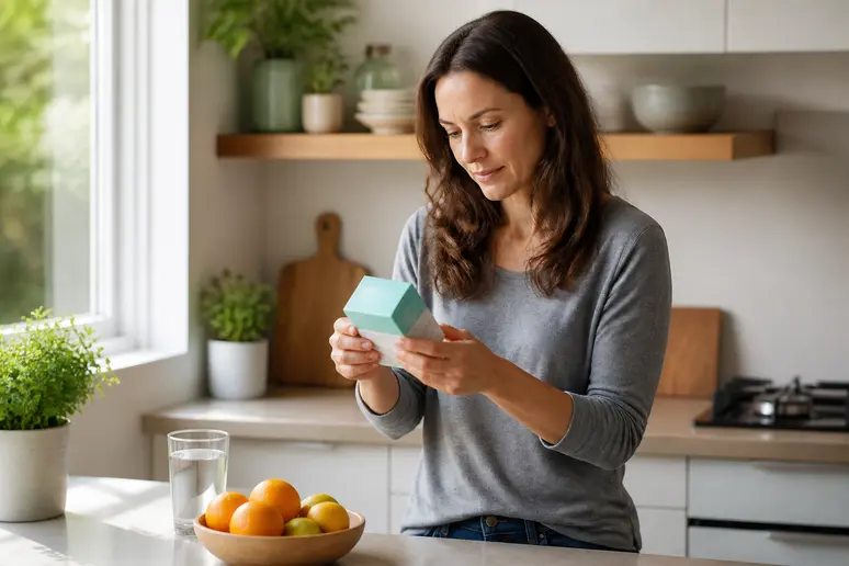 Une femme analyse la liste des ingrédients d'un complément alimentaire, soulignant l'importance de la composition pour un choix éclairé.