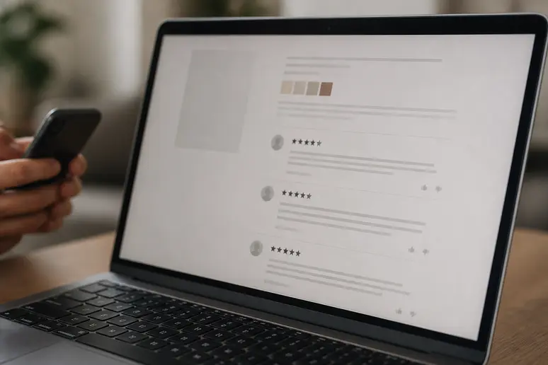 Un écran d'ordinateur montrant des avis clients détaillés sur une plateforme de vente, illustrant la recherche d'informations fiables.