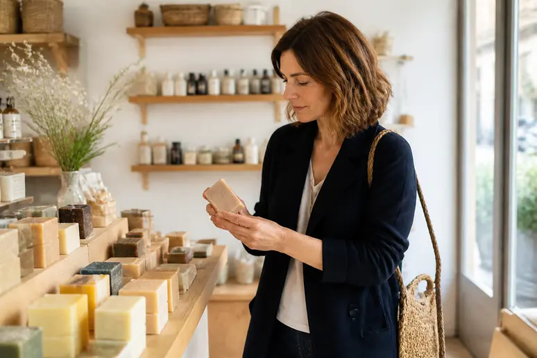 Une femme parisienne sélectionne attentivement un savon artisanal, considérant ses besoins cutanés dans une boutique naturelle.
