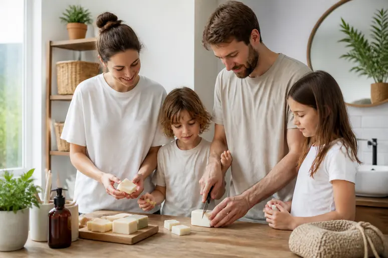 Une famille française découpe de grands savons en barre dans leur salle de bain, illustrant les économies et la réduction des déchets.