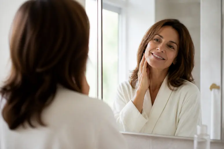 Une femme d'âge mûr examine la brillance et la vitalité de ses cheveux devant son miroir de salle de bain.