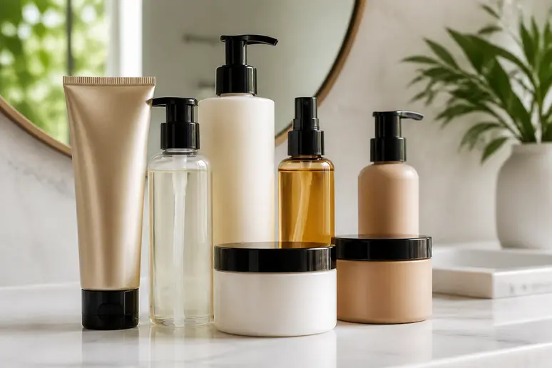 Divers produits capillaires de la marque Be Hair, aux emballages soignés, sont présentés sur un plan de travail immaculé.
