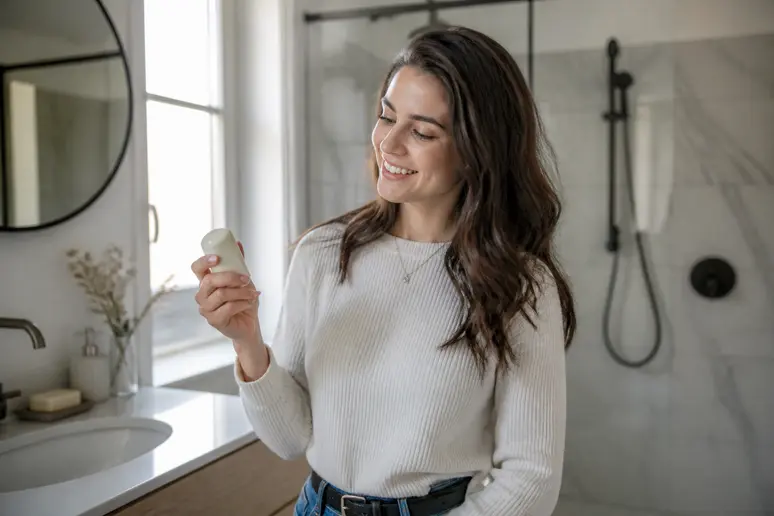 Une femme tient un déodorant solide Clémence & Vivien, souriant, dans une salle de bain lumineuse, appréciant un produit naturel.