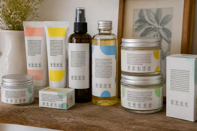 Produits cosmétiques naturels Clémence & Vivien présentés sur une étagère en bois, mettant en avant leurs certifications et compositions.