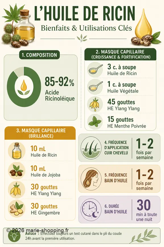 Infographie détaillant les proportions et fréquences d'utilisation de l'huile de ricin pour les masques, le cuir chevelu et les bains d'huile.