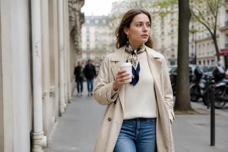 Une Parisienne superpose les couches pour s'adapter aux températures changeantes, associant trench léger et pull fin.