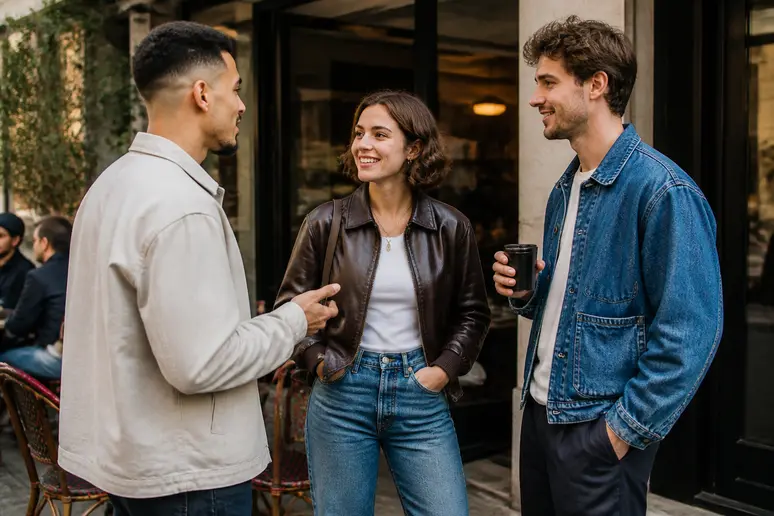 Trois jeunes adultes discutent devant un café lyonnais, affichant un style moderne et décontracté.