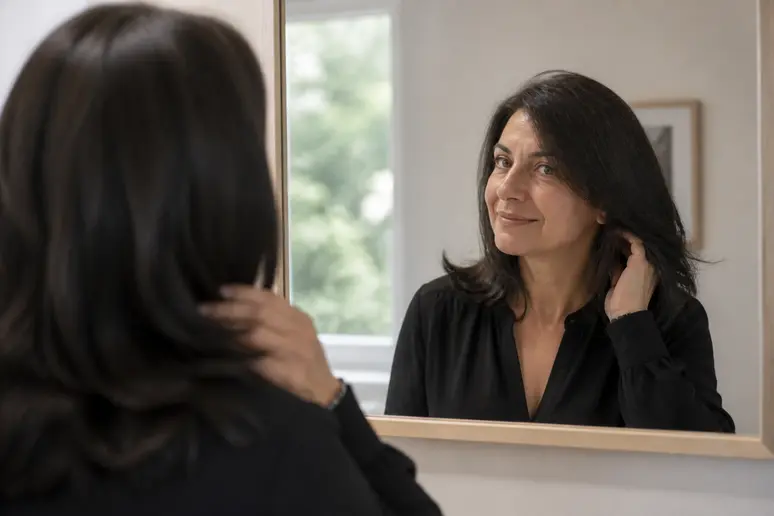 Une femme française examine ses cheveux lisses et brillants dans le miroir de sa salle de bain, évaluant les effets du soin.