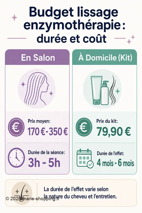 Comparaison visuelle du budget et de la durée pour un lissage enzymothérapie en salon et avec un kit à domicile.