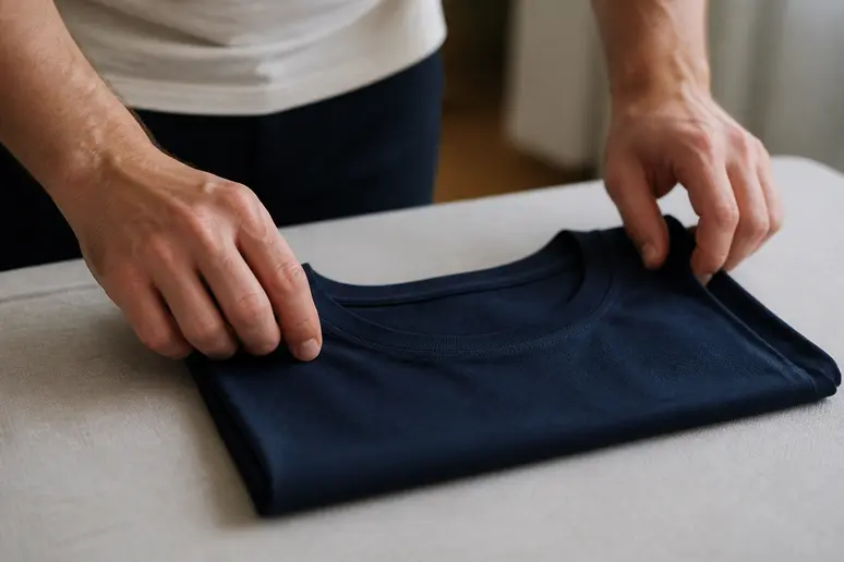 Entretien facile pour un t-shirt fit-a-slim, pliage soigné sur fond clair.