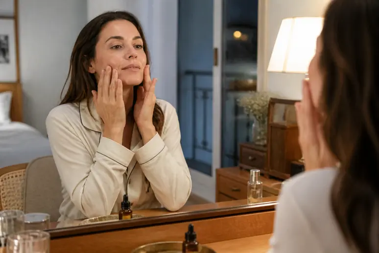 Une femme masse délicatement quelques gouttes d'huile d'argan sur son visage après le nettoyage, dans sa routine de soin du soir.