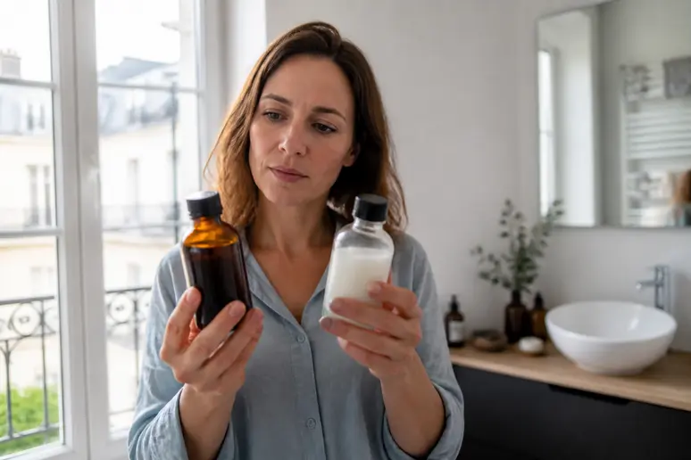 Une femme choisit entre deux huiles naturelles dans sa salle de bain, comparant leurs textures pour ses soins.