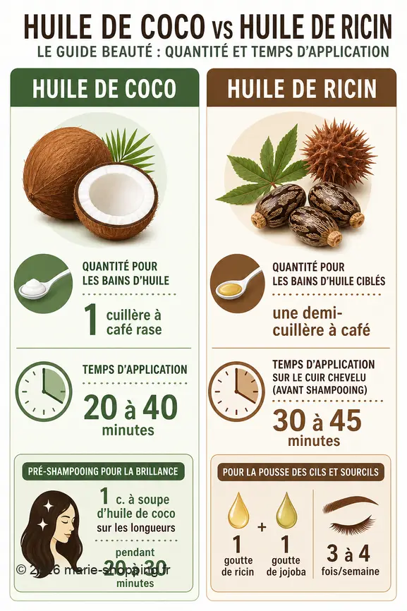 Comparatif visuel des quantités et temps de pose de l'huile de coco et de ricin pour les routines beauté.