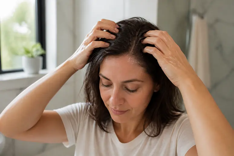 Application d'huile de moutarde cheveux sur le cuir chevelu pour une chevelure éclatante.