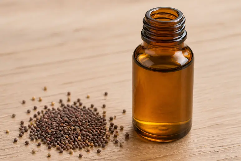 Flacon d'huile de moutarde cheveux et graines, produit naturel pour le soin capillaire.