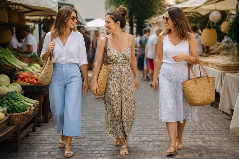Des femmes flânent au marché dans des pantalons capri et des tenues légères, profitant d'une journée ensoleillée.