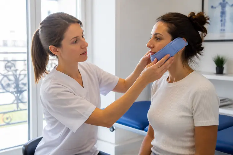 Physiothérapeute montrant l'utilisation d'un masque réfrigérant mâchoire pour soulager l'inflammation.