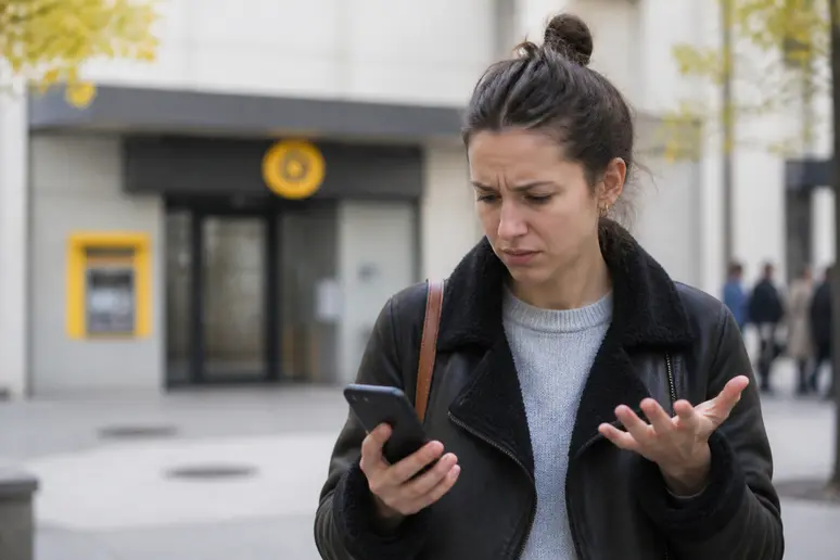 Une jeune femme française au bureau de poste, l'air contrariée en regardant son téléphone, face à un service client insatisfaisant.