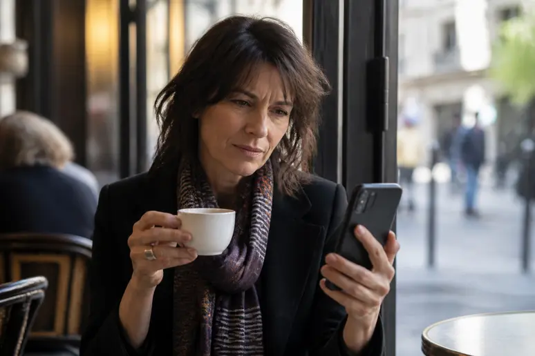 Une femme d'âge mûr au café à Paris examine des avis sur son téléphone avec un air interrogateur et circonspect.