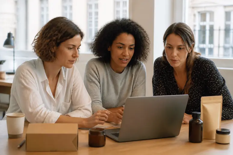 Trois femmes françaises discutant autour d'un ordinateur dans un espace de coworking, analysant des données de vente et de marketing.