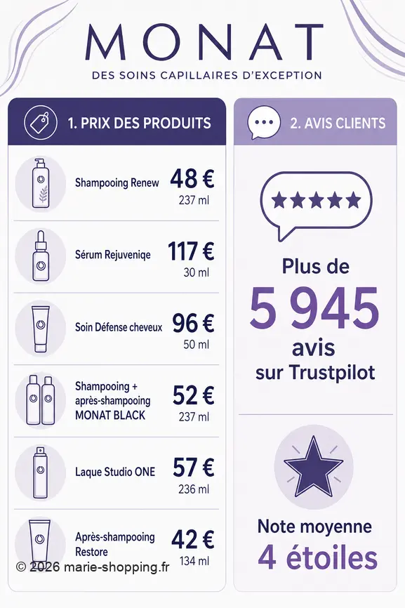 Infographie présentant le prix de plusieurs produits de la marque MONAT et le volume ainsi que la note moyenne des avis clients.