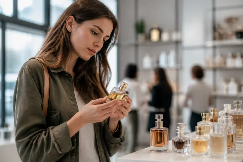 Femme attentive examinant un parfum-bakara-prix dans une boutique, prix authentique vérifié.