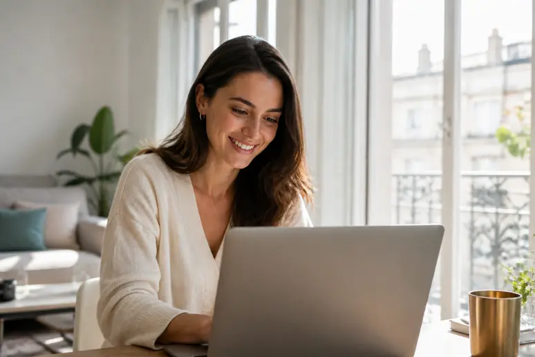 Une jeune femme trouve une promotion pour un produit SVR en ligne depuis chez elle.