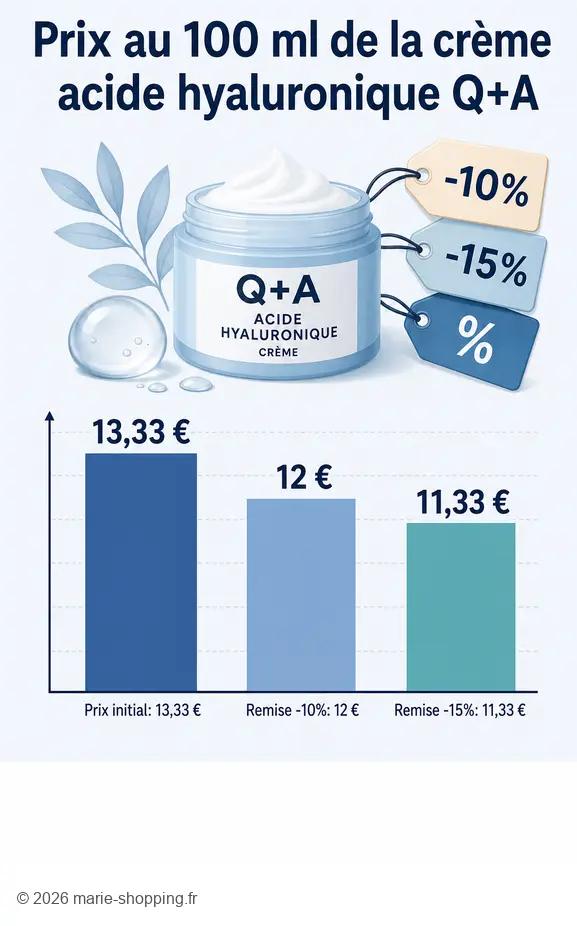 Comparatif des prix au 100 ml de la crème acide hyaluronique Q+A selon les remises, avis sur qa-avis.