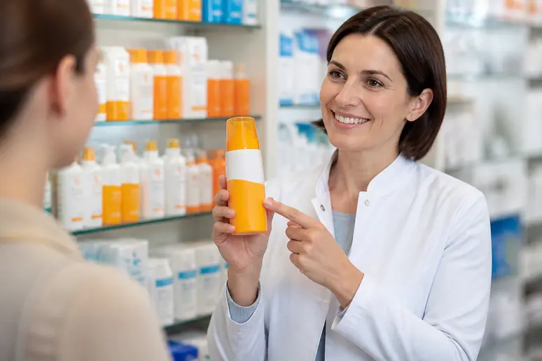 Pharmacienne expliquant comment choisir sa crème solaire pour éviter les risques liés au quel-indice-uv-pour-bronzer.