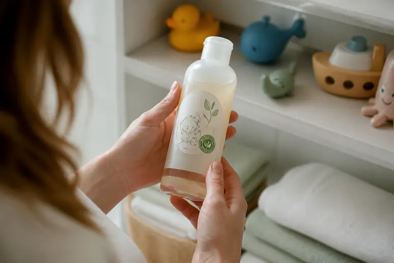 Mains de parent tenant un flacon de shampooing enfant certifié bio, achat éclairé shampooing-enfance