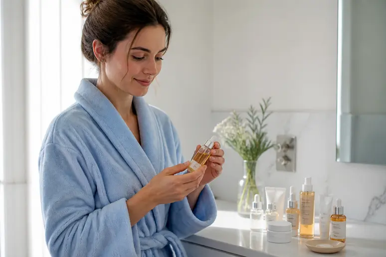Femme française choisissant des soins SKIN1004, découverte des essentiels beauté coréenne, skin1004-avis.