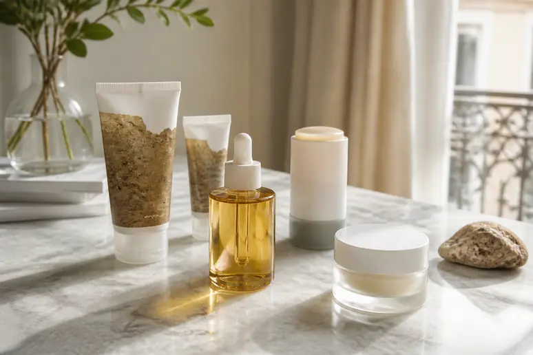 Gamme de produits SKIN1004 sur un comptoir de marbre, mise en avant de la sécurité des soins, skin1004-avis.