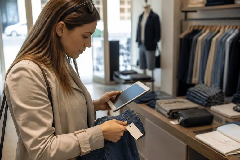Comparaison de taille-americaine-jeans et française dans une boutique parisienne.