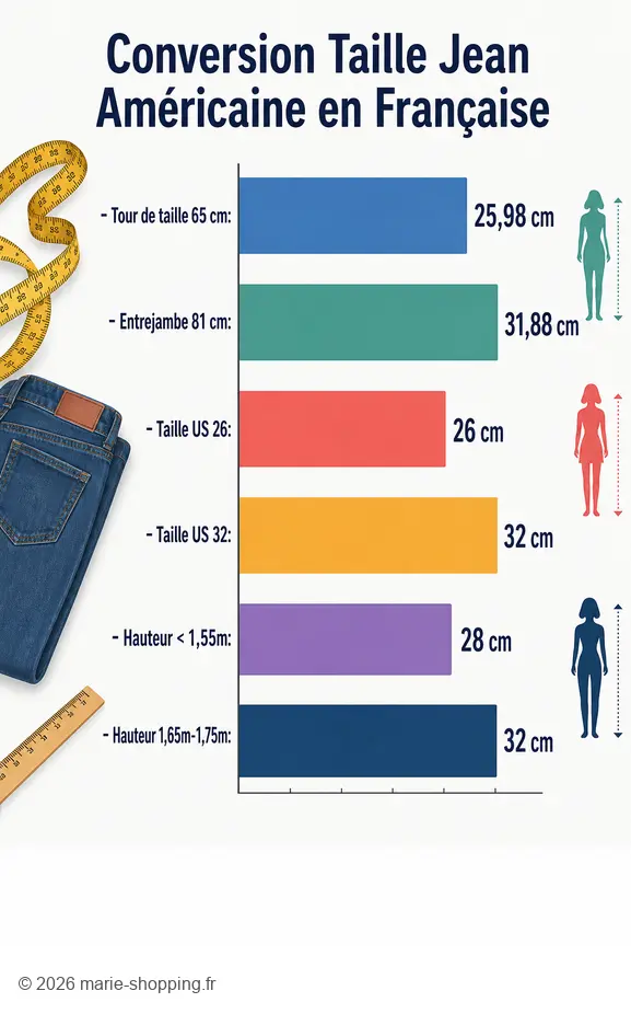Guide de conversion pour trouver votre taille américaine de jeans selon la taille française, incluant des mesures de tour de taille et d'entrejambe.