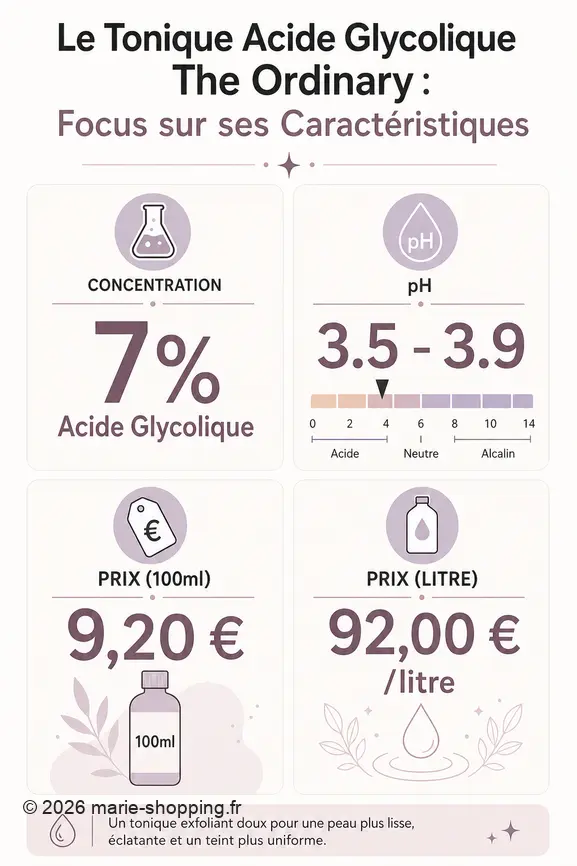 Infographie présentant le prix, le pourcentage d'acide glycolique et le pH du tonique The Ordinary.