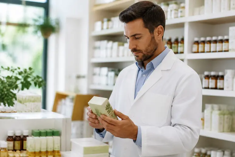 Pharmacien examinant un produit à base d'artemisia, soulignant l'importance des mises en garde et des bienfaits pour une consommation éclairée.