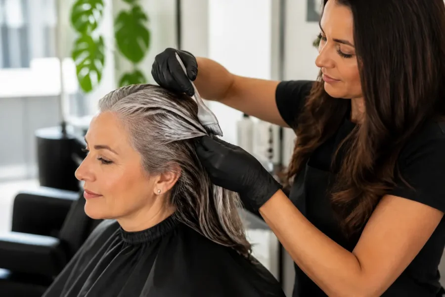 Coiffeur appliquant une patine sur un balayage cheveux gris argentés pour un éclat optimal.