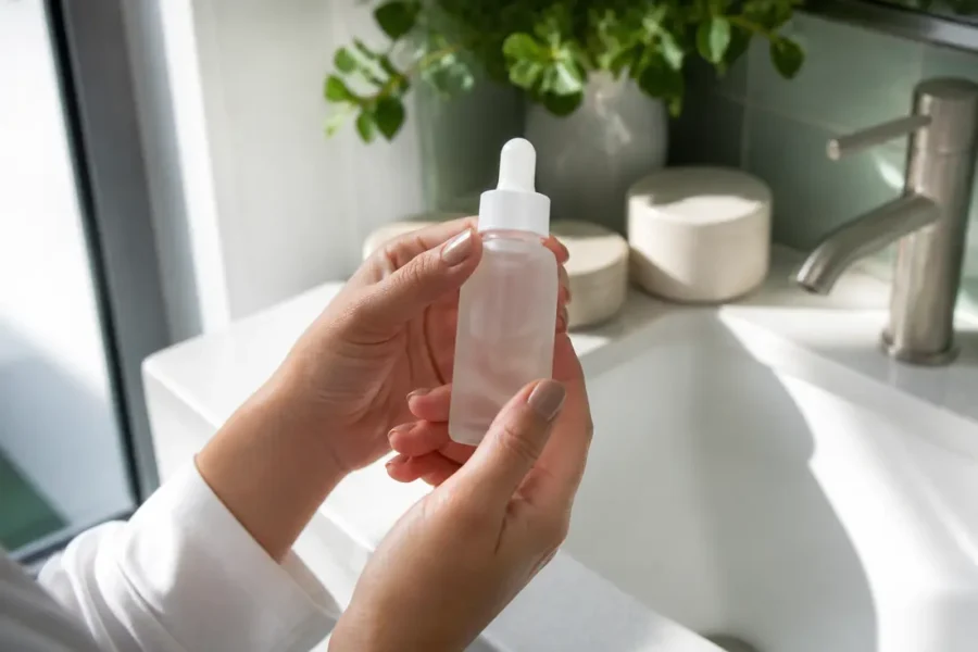 Flacon de sérum cosmétique posé près d'un lavabo pour optimiser les céramides hydratation peau au quotidien.