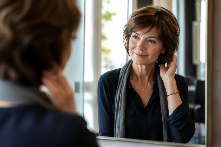 Coiffure femme 50 ans : une élégante cinquantenaire choisit sa nouvelle coupe chez le coiffeur.