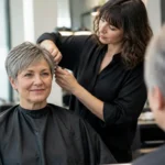 Coiffure coupe courte femme 60 ans : une élégante sexagénaire au visage rond chez le coiffeur