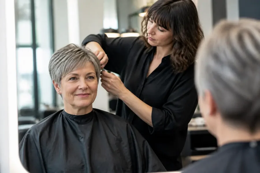Coiffure coupe courte femme 60 ans : une élégante sexagénaire au visage rond chez le coiffeur