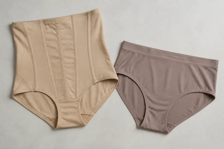 Deux culottes gainantes côte à côte, une avec maintien fort, l'autre souple pour le quotidien.