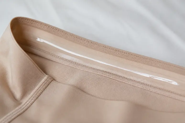 Gros plan sur la ceinture d'une culotte gainante avec une bande de silicone visible pour le maintien.